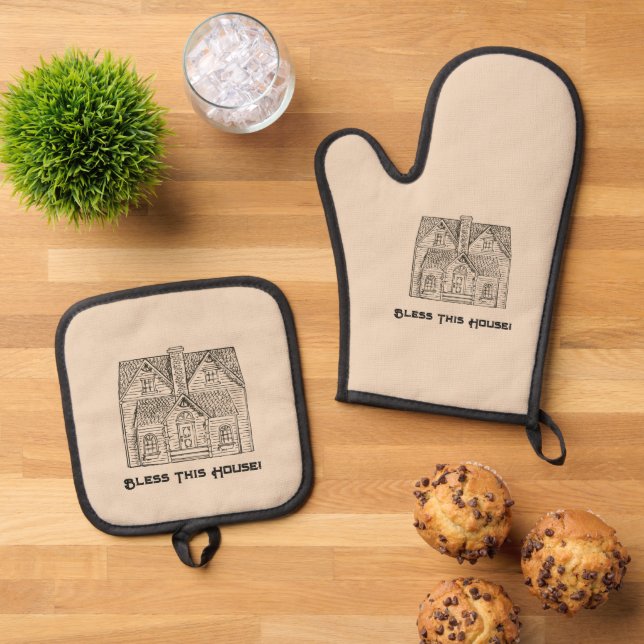 Dieses Haus mit Text- und Bilddaten-Vorlagen segne Ofenhandschuh & Topflappen-Set (Oben Unten)