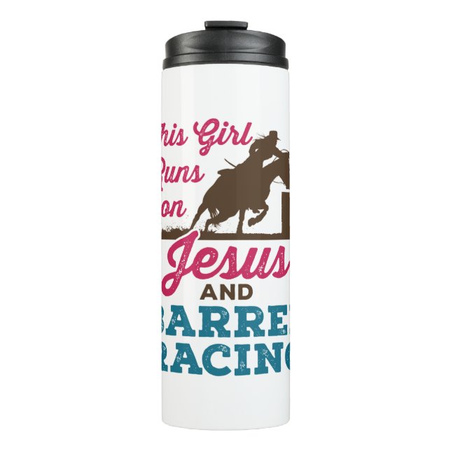 Dieses Mädchen läuft auf Jesus und Barrel Racing Thermosbecher (Vorderseite)