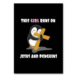 Dieses Mädchen läuft auf Jesus und Pinguinen Tischnummer