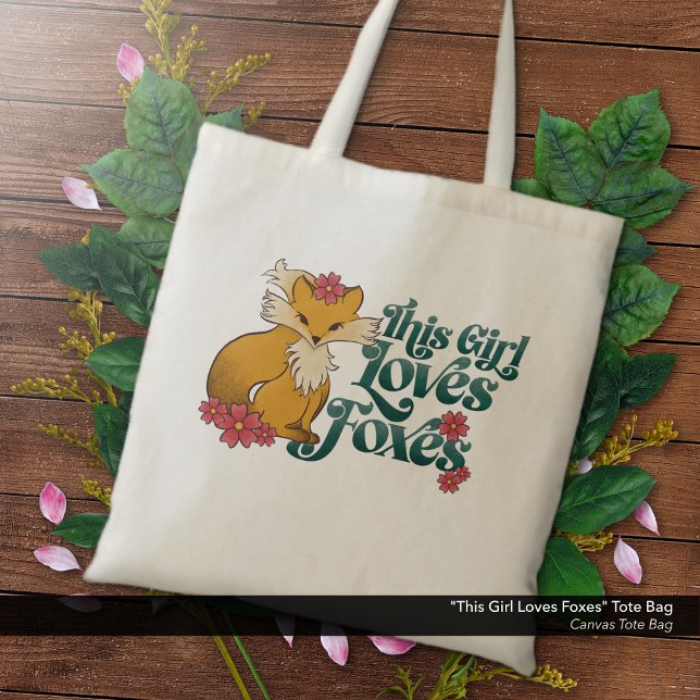 Dieses Mädchen Lieben Füchse Tragetasche ("This Girl Loves Foxes" -  Canvas Tote Bag with Cute Fox and Flowers Artwork.)