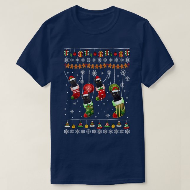 Dieses Weihnachtspajama Black Cat in Socks Funny H T-Shirt (Design vorne)