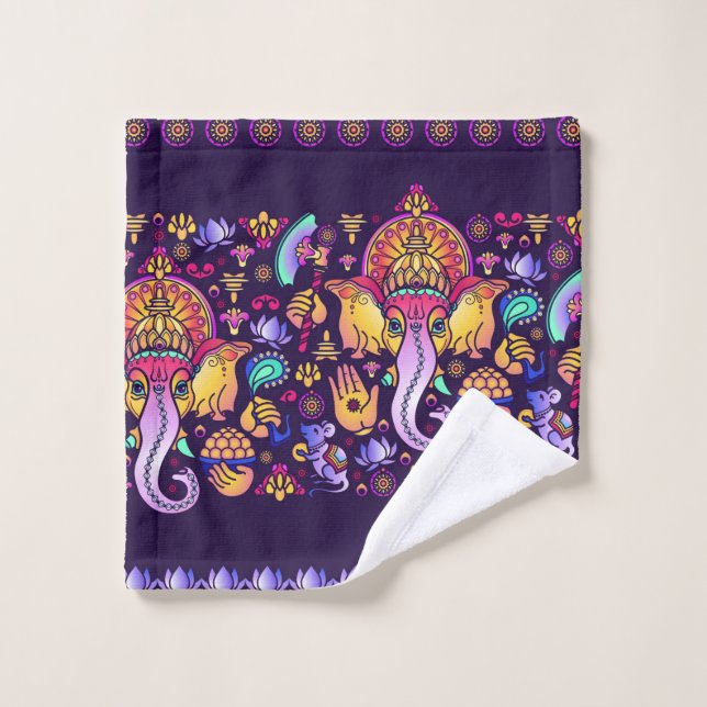 Dieu hindou Ganesha et symboles indiens en bande (Gant de toilette)
