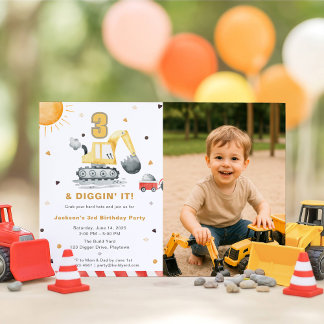 Digger Truck Construction 3rd Birthday Party Photo Einladung