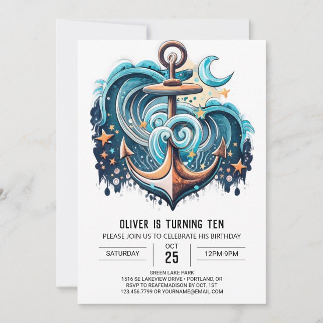 Digital Anchor Boho Chic Geburtstag Einladung (Vorderseite)