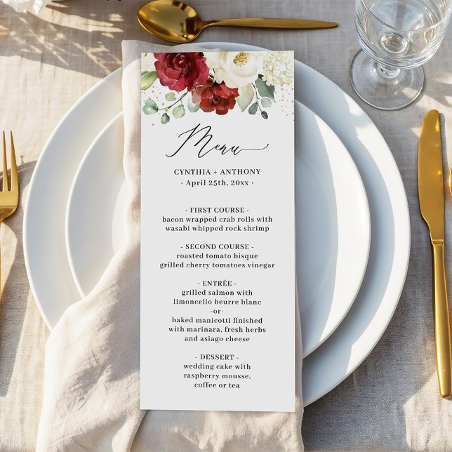 (Digital Avail) Red White Floral Wedding Menu Card Einladung (Von Creator hochgeladen)