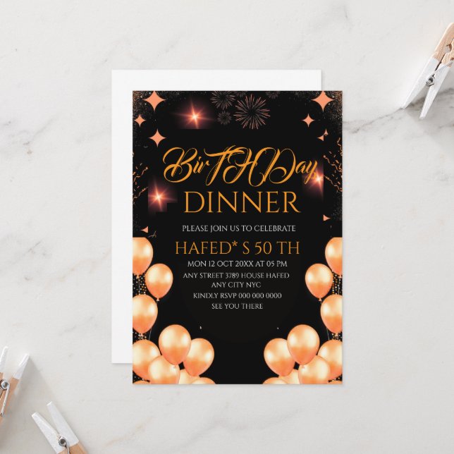 Digital Birthday Dinner Invitation Template, Black (Devant/Arrière en situation)
