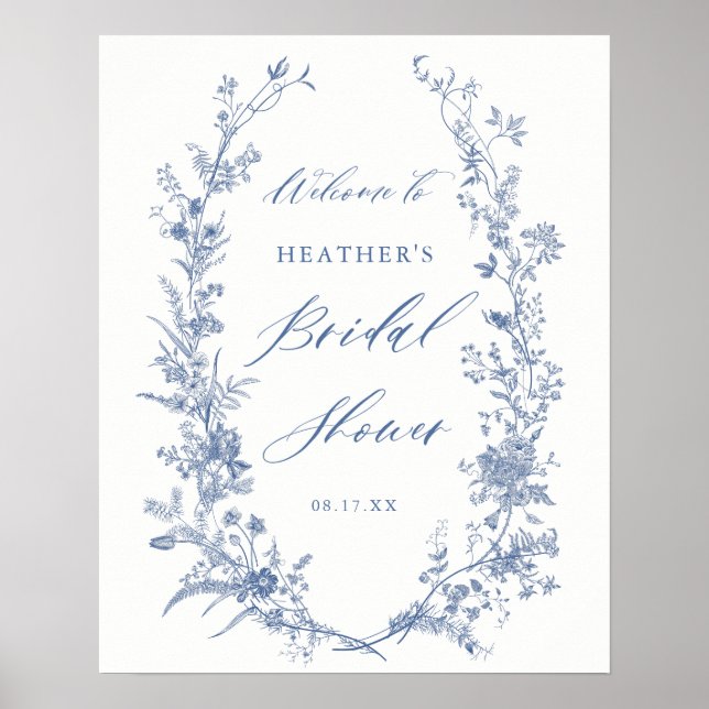 Digital Blue Floral Brautparty Begrüßungszeichen Poster (Vorne)