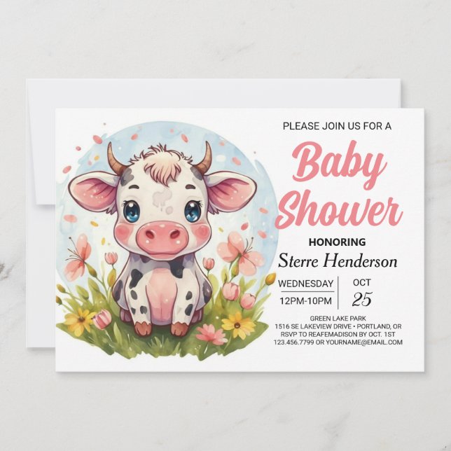 Digital Boho Elegant Cow Baby Shower Einladung (Vorderseite)