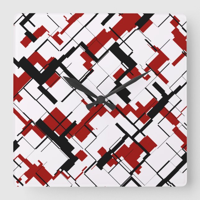 Digital-Camouflage-Schwarz-weißes rotes Muster Quadratische Wanduhr (Vorderseite)