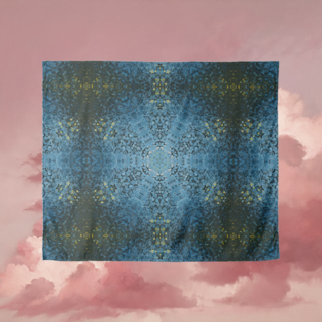 Digital Mandala Blau und Gelb Wandteppich (Blue and Yellow Digital Paint Mandala Tapestry By Wormhole Orbital)