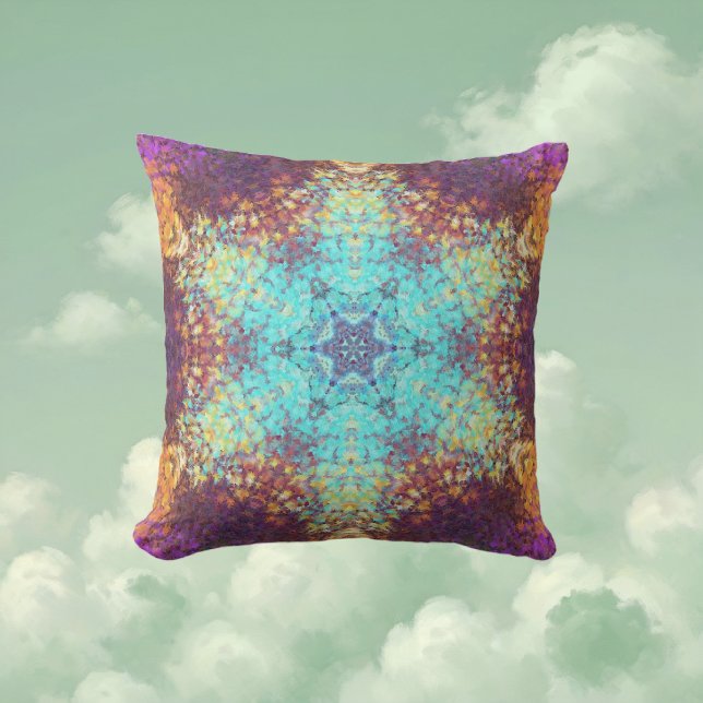 Digital Mandala Blue Yellow und Lila Kissen (Blue Yellow and Purple Digital Paint Mandala Throw Pillow By Wormhole Orbital)