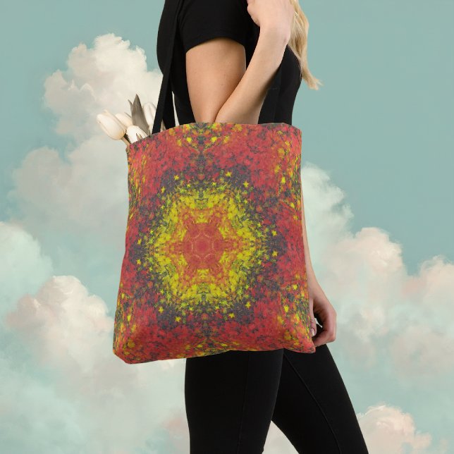 Digital Mandala Gelb rot und schwarz Tasche (Yellow and Red Digital Paint Mandala Tote Bag By Wormhole Orbital)