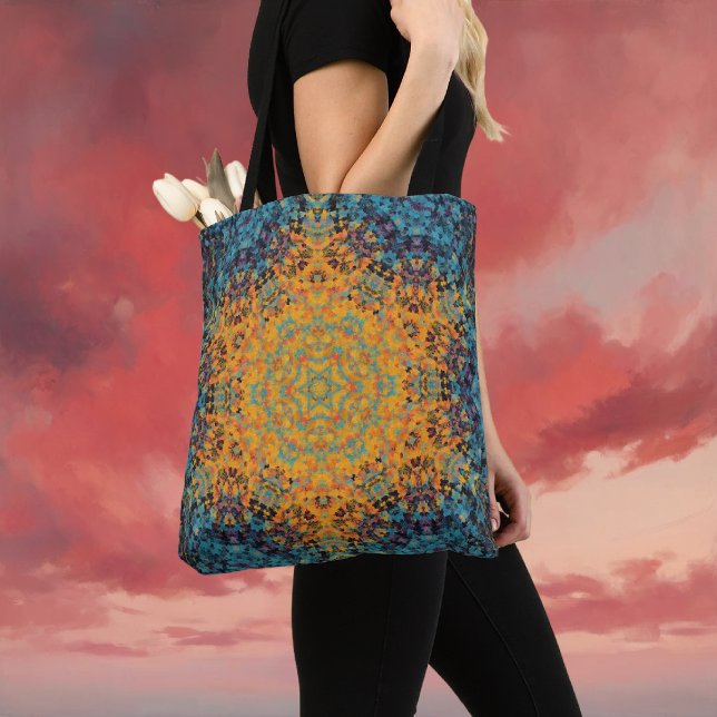 Digital Mandala Yellow Blue und Red Tasche (Yellow Blue and Red Digital Mandala Tote Bag by Wormhole Orbital)