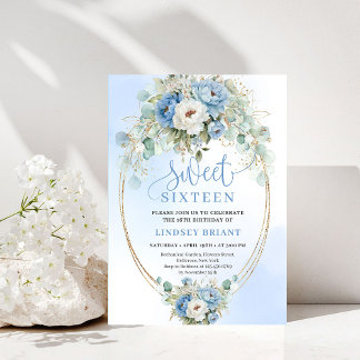 Digital Script Dusty Blue Peonies Sweet Sixteen  Einladung