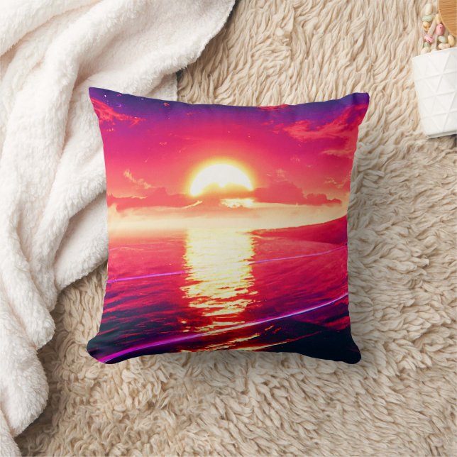 Digital Synthwave Sunset Sea Reflection Kissen (Decke)