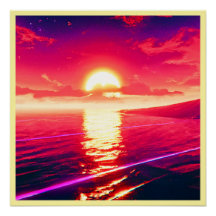 Digital Synthwave Sunset Sea Reflection