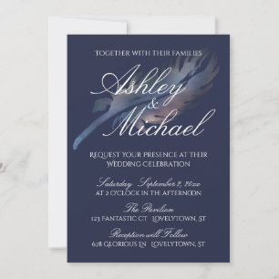 Digital Watercolor Feather on Navy Wedding Einladung