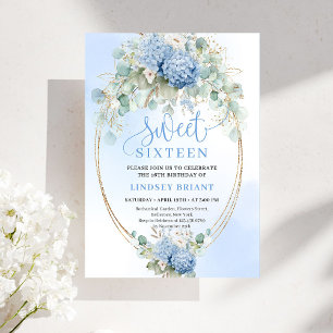 Digitale Blaue Hortensie Gold Sweet Sixteen Einlad Einladung