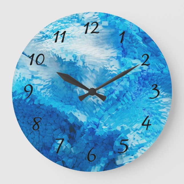 Digitale Cube-Kunst in Blau und Weiß Große Wanduhr (Vorderseite)