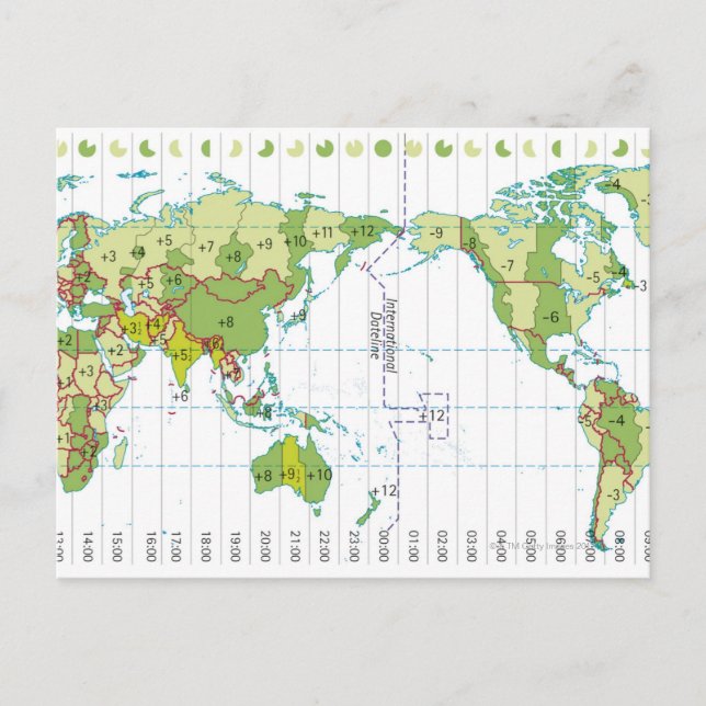 Digitale Darstellung der Weltkarte mit Zeitangabe Postkarte (Vorderseite)