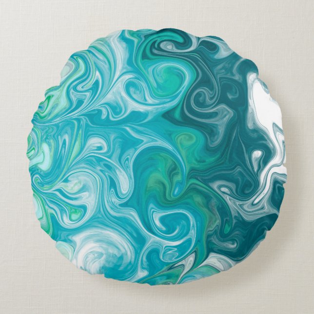 Digitale Flüssigkunst in Blau und Grün Rundes Kissen (Vorderseite)
