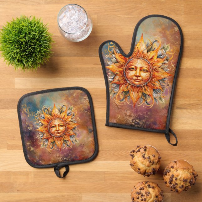 Digitale Kunst der kosmischen Sonne Ofenhandschuh & Topflappen-Set (Oben Unten)