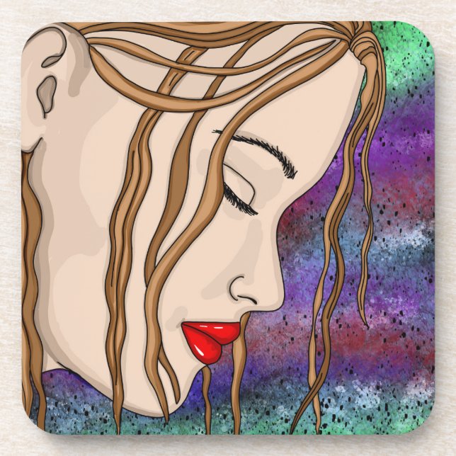 Digitale Kunst | Traurige Lady Deep in Thread Getränkeuntersetzer (Vorderseite)
