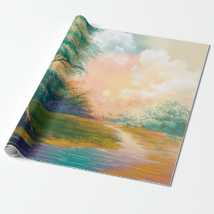 Digitale Kunstmalerei Landschaft, Fluss im Frühlin Geschenkpapier