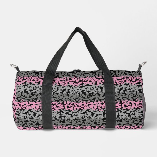 Digitale, pixelförmige Streifen in Rosa, Grau und  Duffle Bag (Vorderseite)