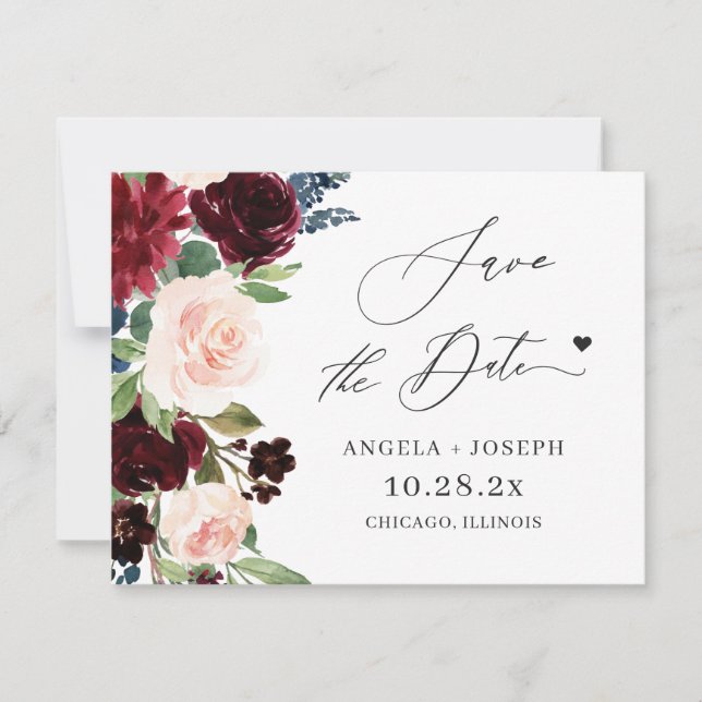 (Digitale Postkarte) Hochzeit mit Burgund Blush Fl Save The Date (Vorderseite)