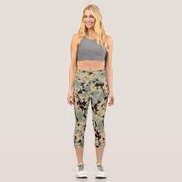 Digitale Tarnung – Braun-Grünes kleineres Tarnmust Capri Leggings