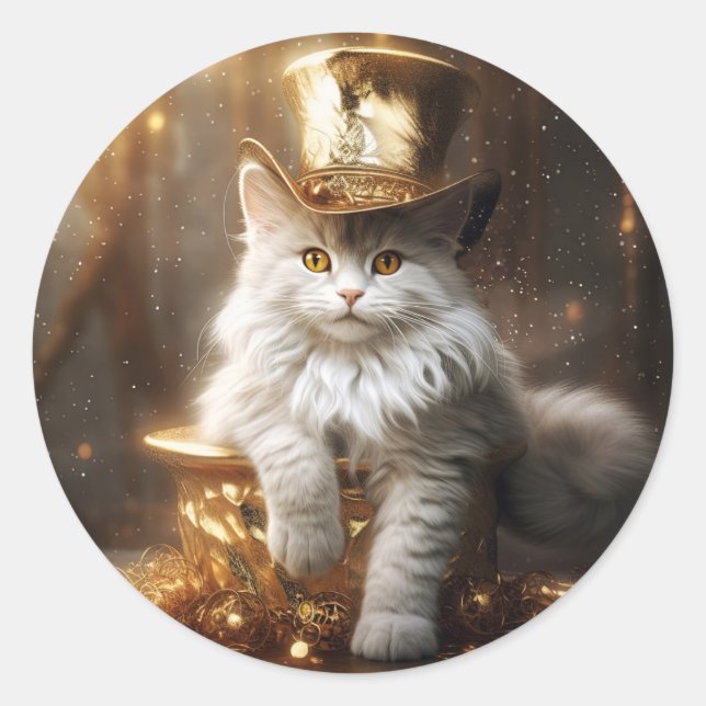 Digitales Gemälde lustiger Katze Runder Aufkleber (Vorderseite)