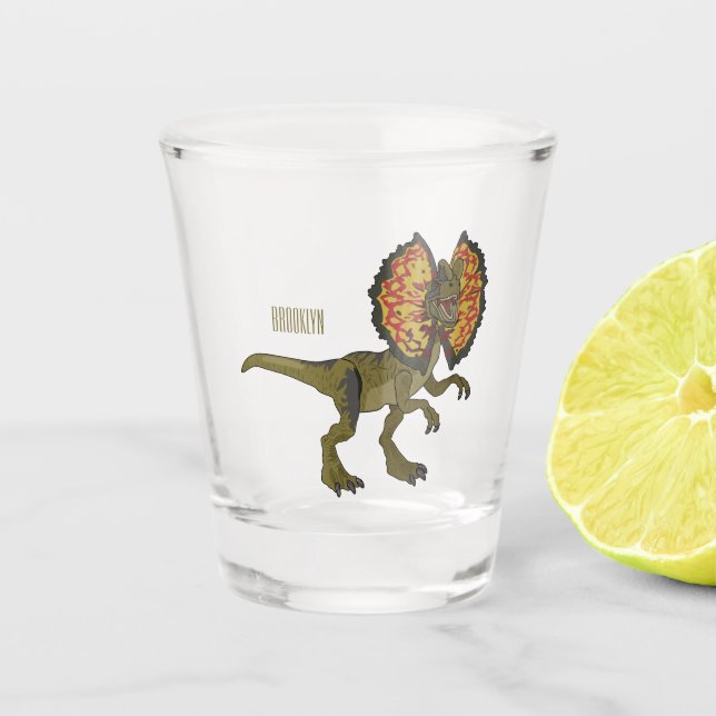 Dilophosaurus-Cartoon Schnapsglas (Vorderseite)