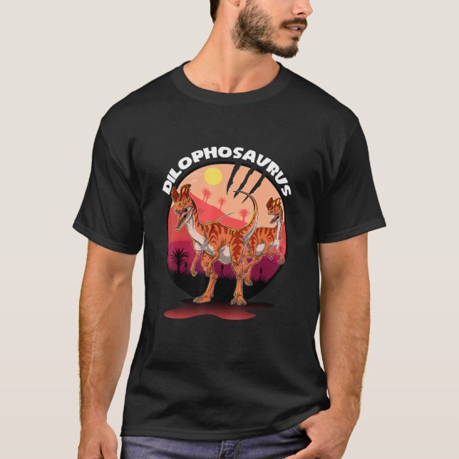 Dilophosaurus Dinosaurier mit Hintergrund T-Shirt (Vorderseite)