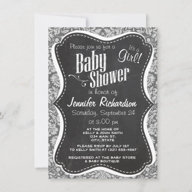 Dim Gray Damask; Retro-Khalkboard Einladung (Vorderseite)