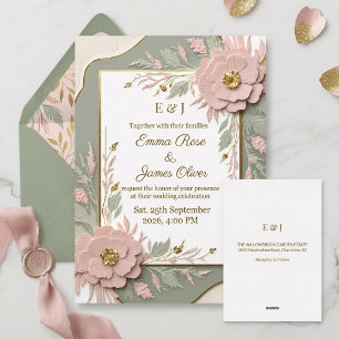 Dimensionaler Salbeigrüner Gold-Blumen-Hochzeit Folieneinladung