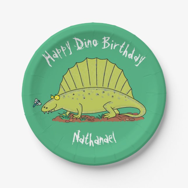 Dimetrodon Happy Green Dinosaurier Cartoon Pappteller (Vorderseite)