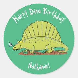Dimetrodon Happy Green Dinosaurier Cartoon Runder Aufkleber
