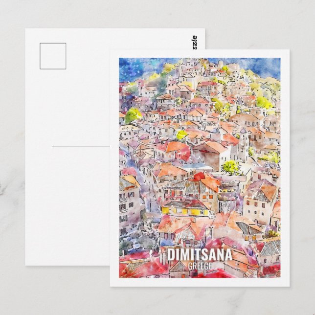 Dimitsana Griechenland Berühmte Wasserfarbskizze f Postkarte (Vorne/Hinten)