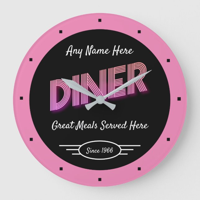 Diner beliebigen Namen seit Datum Retro sehen rosa Große Wanduhr (Vorderseite)