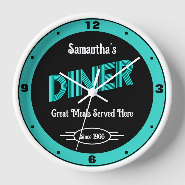 Diner beliebiger Name Stildatum Retro Türkis Schwa Uhr (Vorderseite)