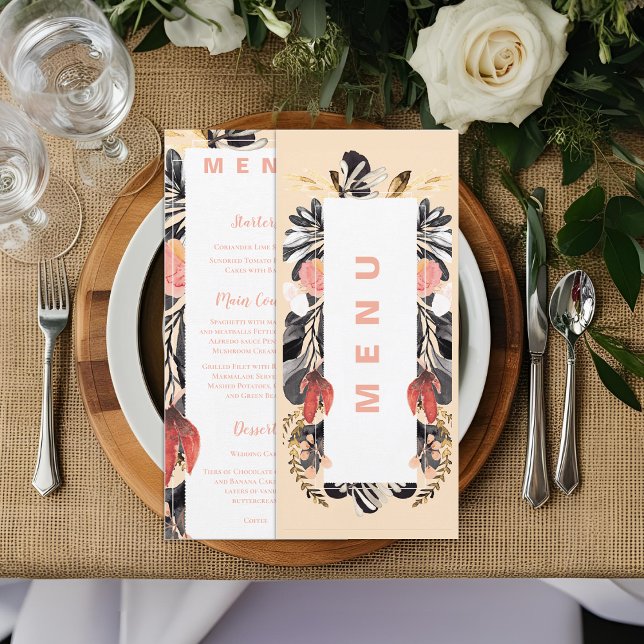 Dîner de mariage flou et noir Floral Menu (Blush & Black Floral Wedding Reception Dinner Menu)