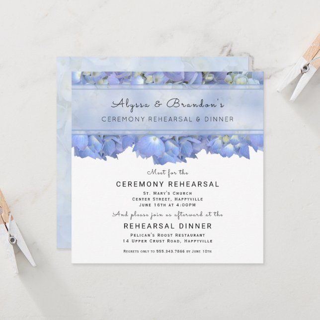 Dîner de répétition Carré Floral bleu Invitation (Devant/Arrière en situation)
