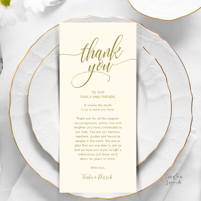 Dîner de répétition Carte de remerciements de régl (Modern Script Wedding Guest Dinner Reception Brunch Lunch Thank You Card in Yellow Gold)