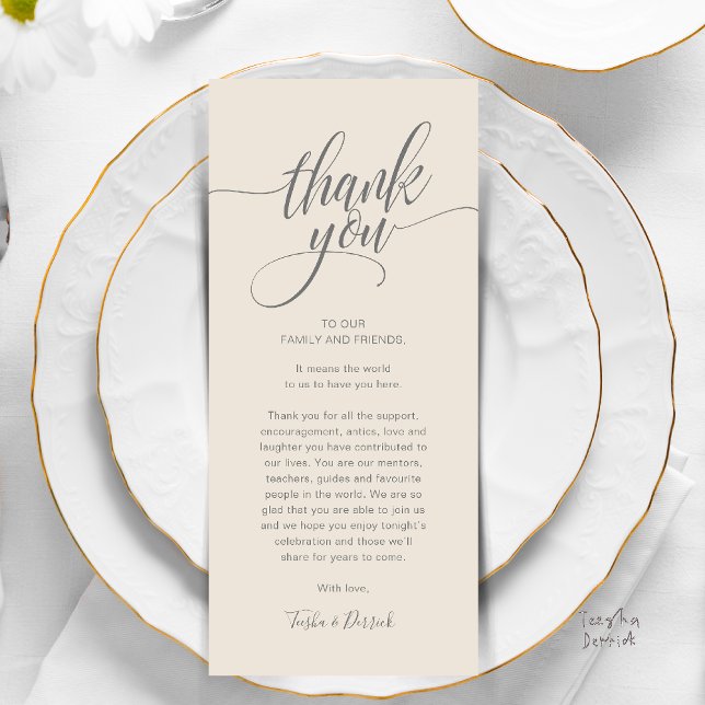 Dîner de répétition Carte de remerciements de régl (Modern Script Wedding Guest Dinner Reception Brunch Lunch Thank You Card in Classy Warm Cream Grey)
