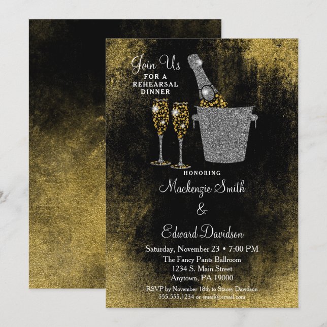Dîner de répétition Champagne Invitation Gold Noir (Devant / Derrière)
