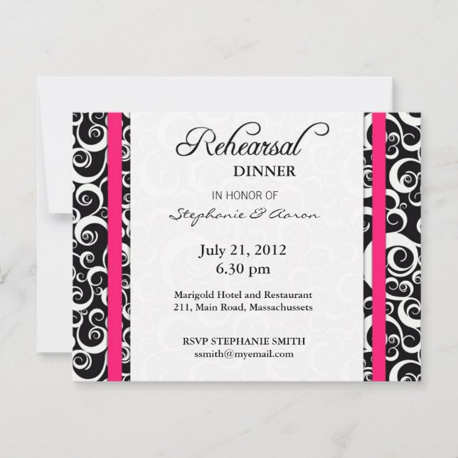 Dîner de répétition Damask Swirl Carte en rose cha (Devant)