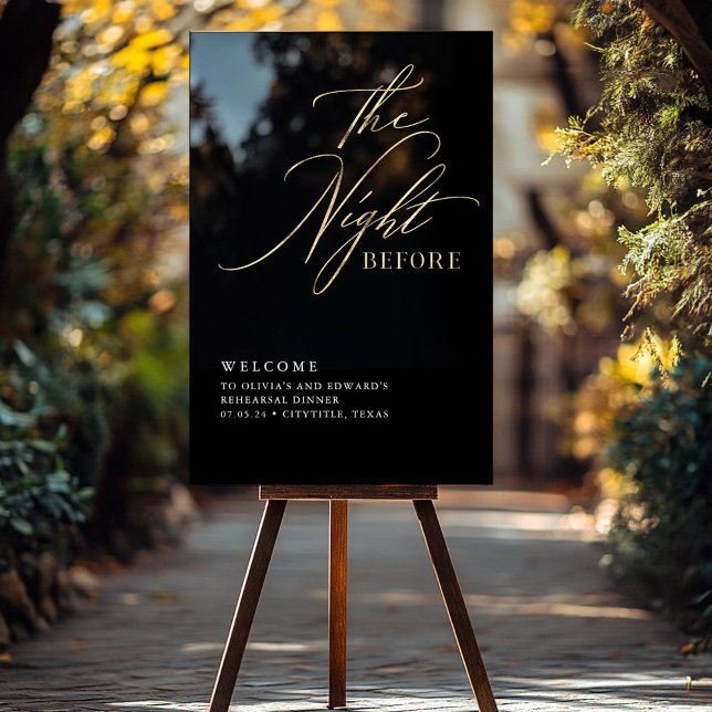 Dîner de répétition de script Bienvenue noir et or (Black and Gold Calligraphy Script Rehearsal Dinner Welcome Sign )