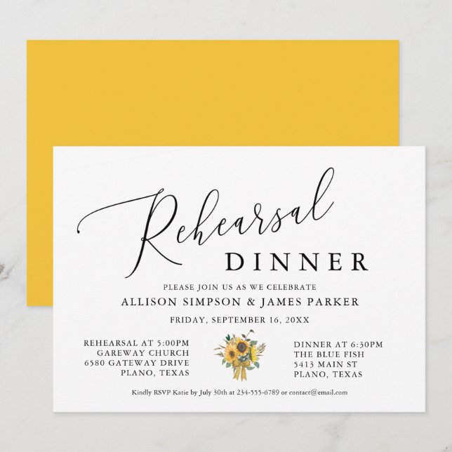 Dîner de répétition de tournesol jaune Invitation (Devant / Derrière)