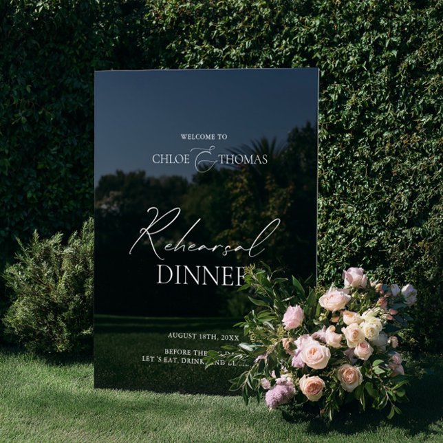 Dîner de répétition en acrylique noir Affiche de b (Black Acrylic Rehearsal Dinner Welcome Sign)